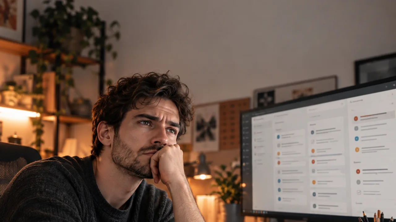 A developer rests his chin on his hand, staring at a notebook of half-finished plans.
