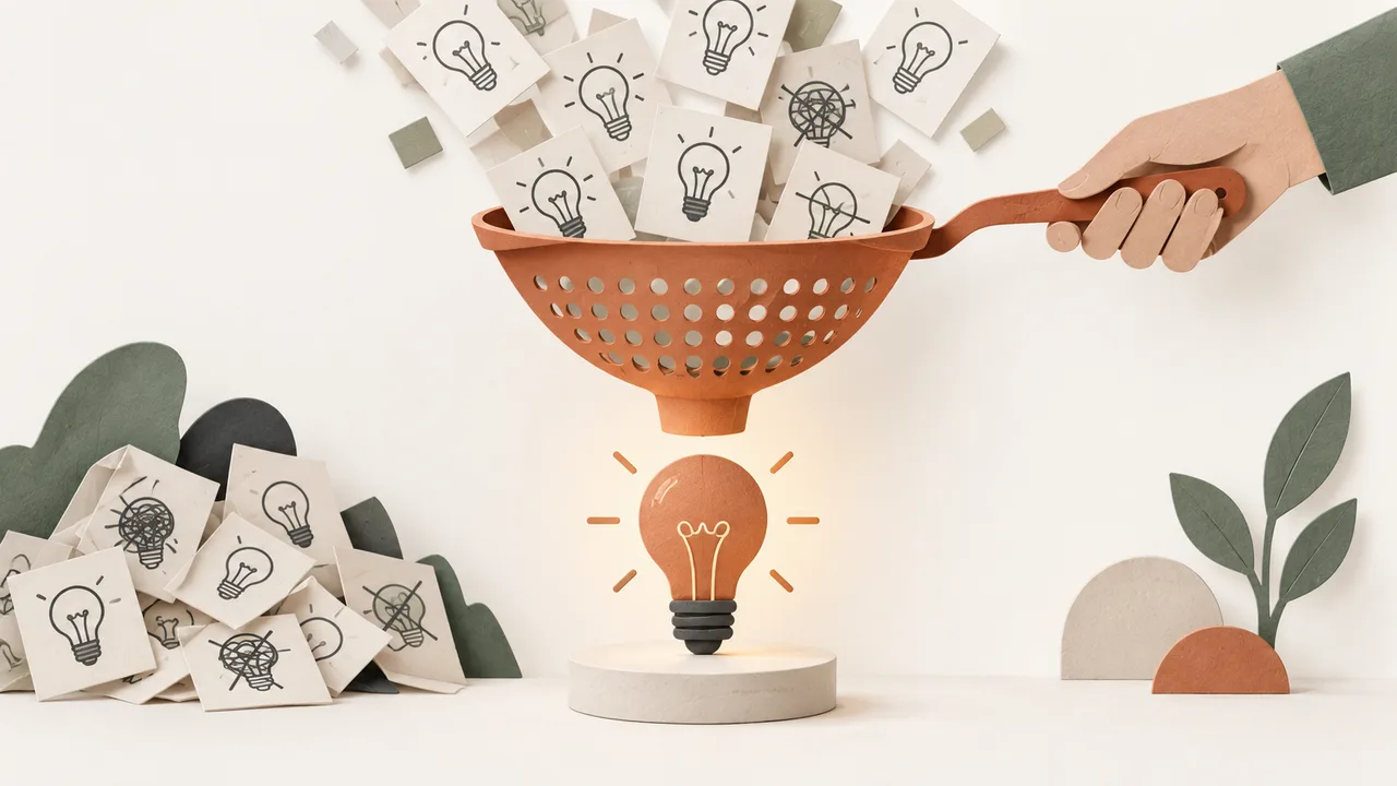 Many idea cards are filtered down to one promising lightbulb.