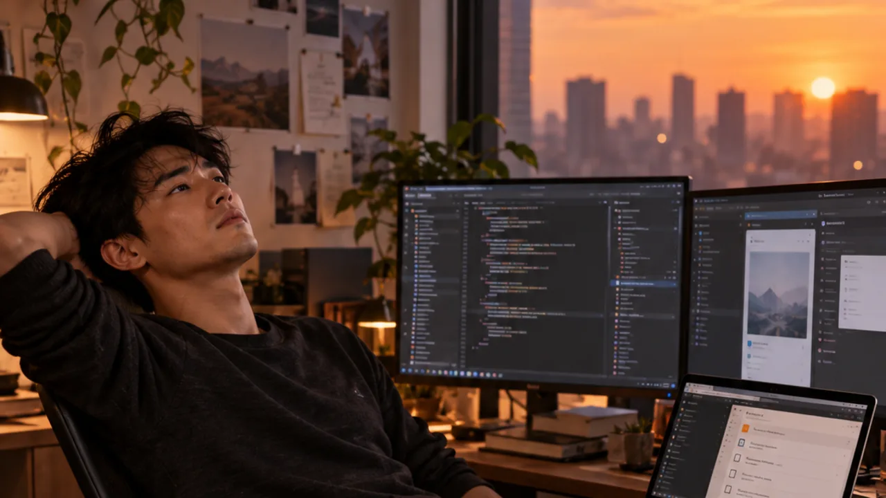 A tired developer leans back at sunset in front of three screens full of code and a desk of unchecked lists.