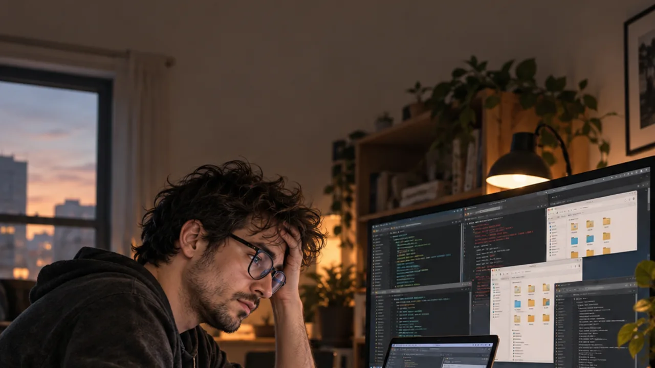 A developer stands at his desk pulling on a jacket, frowning at monitors full of folders and terminals.