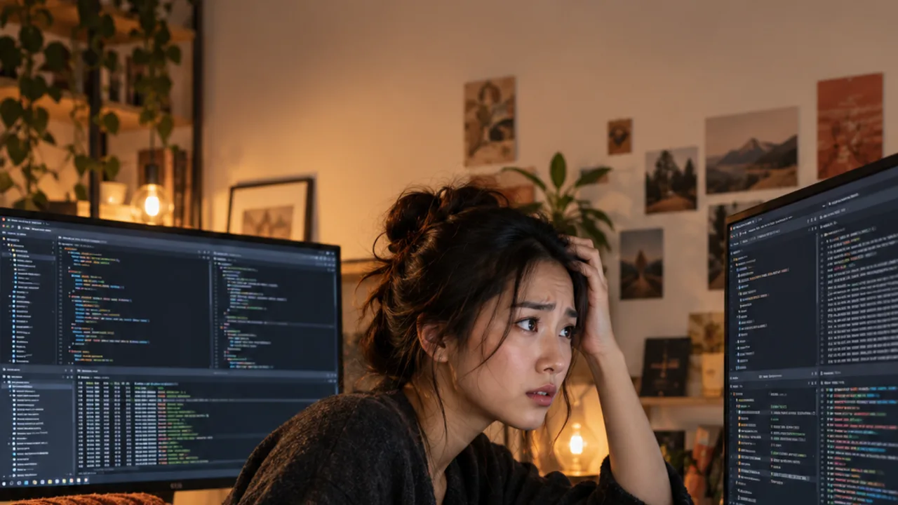 A developer glances anxiously between two monitors full of code from different projects.