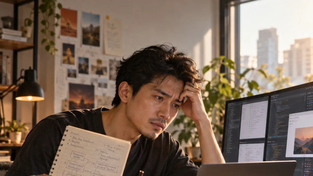 A developer holds up a hand-drawn flowchart in morning light, frowning at a laptop and two monitors.
