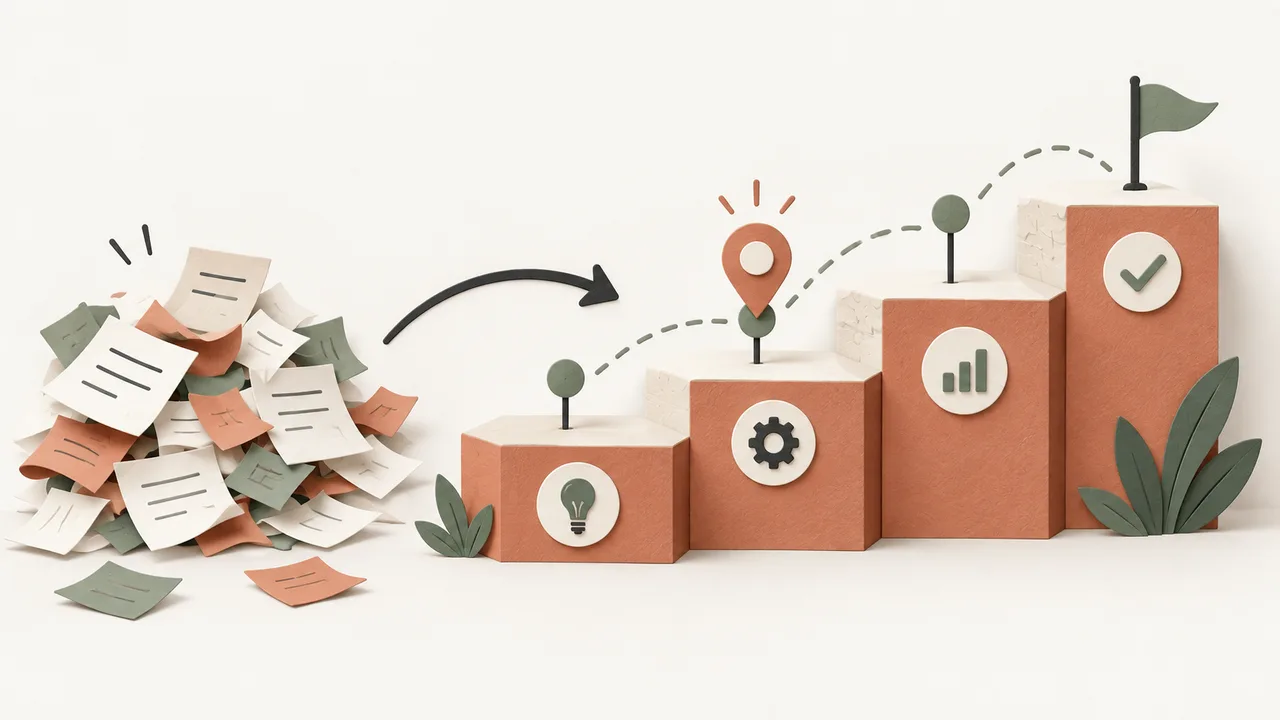 Loose tasks become clear project stages with one highlighted next step.