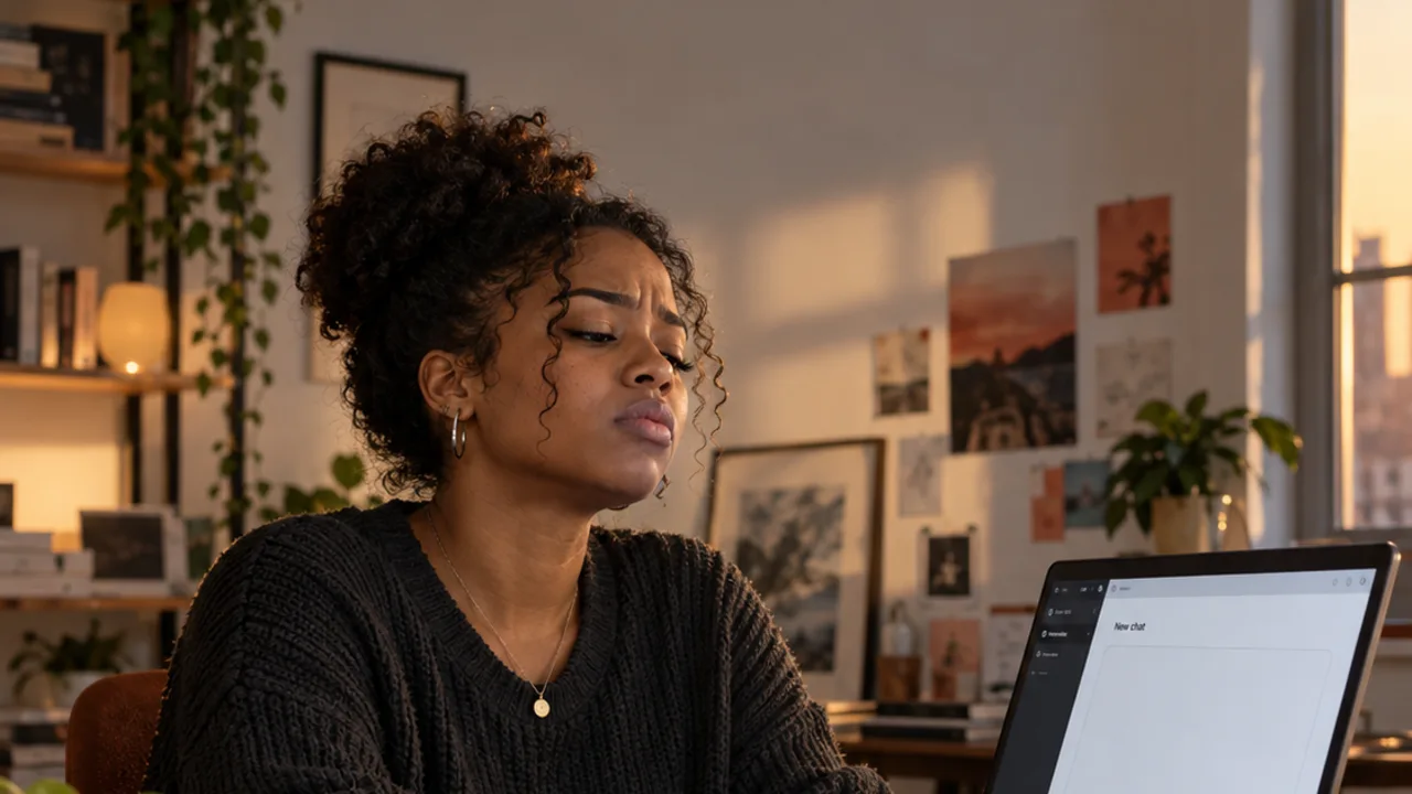 A developer stares past her laptop, tired of typing the same project explanation again.