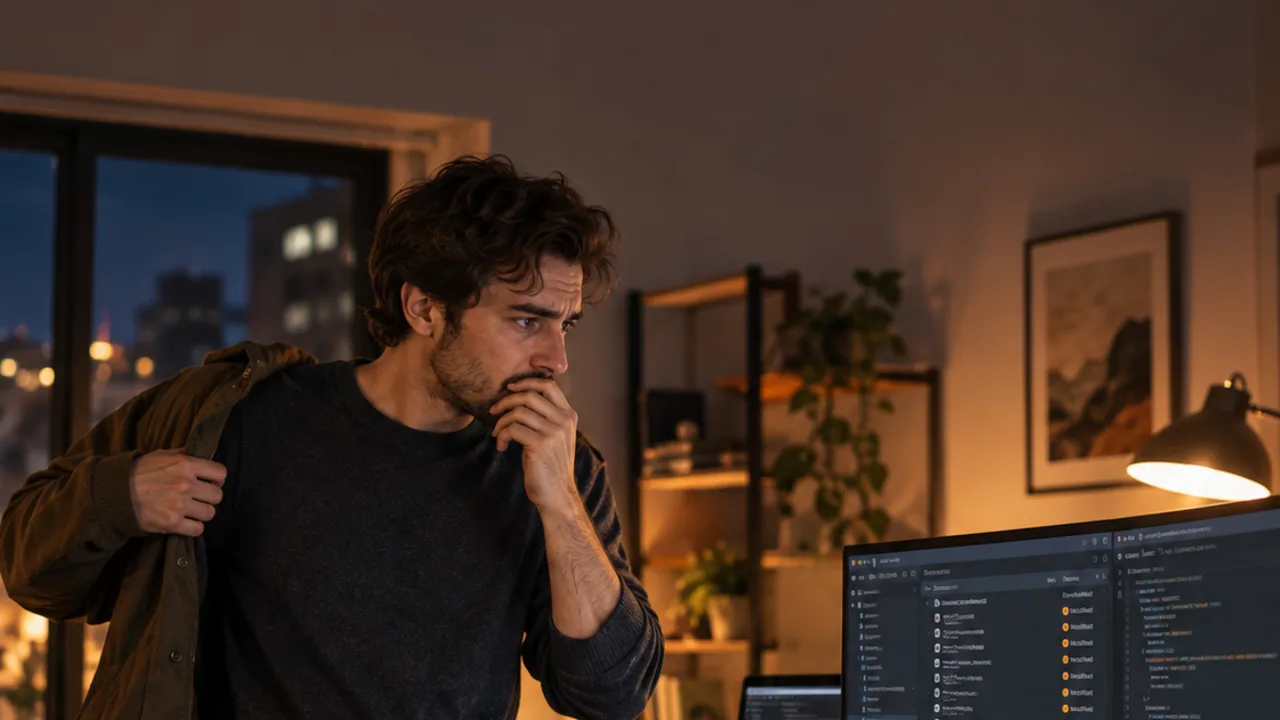 A developer in a hoodie rubs his forehead late at night beside a sleeping cat and a screen of open folders.