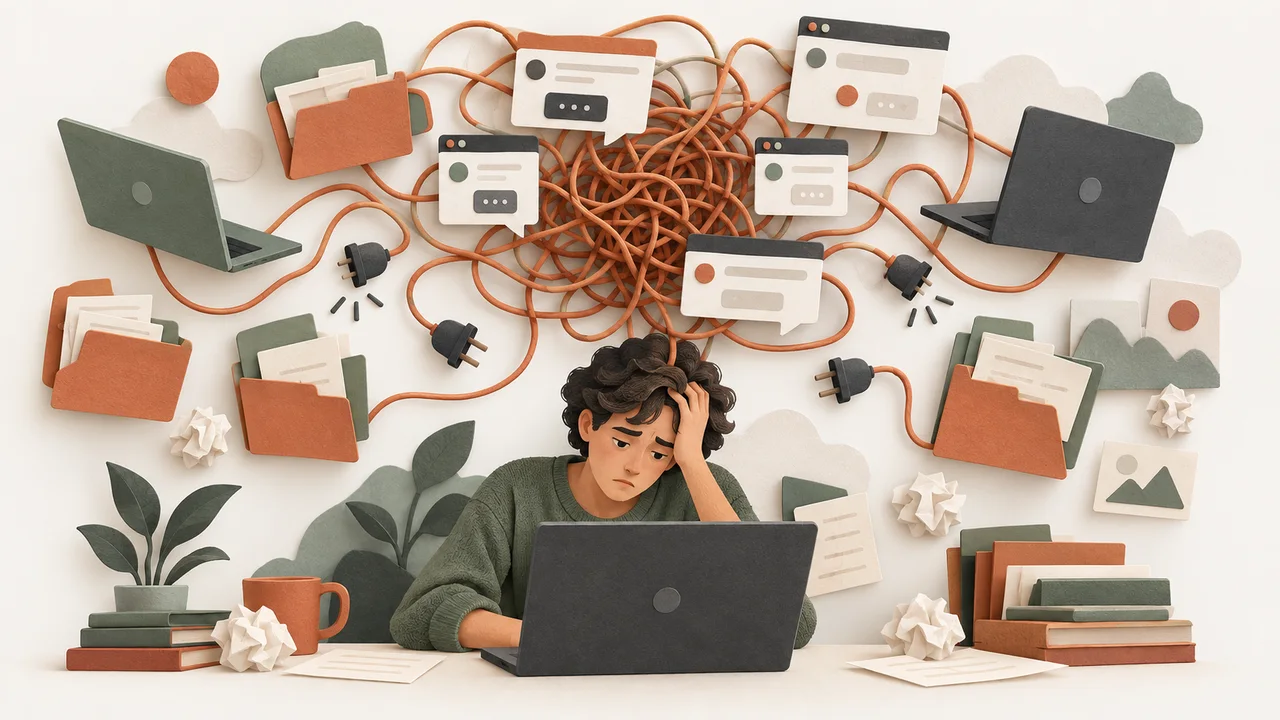 An overwhelmed indie developer surrounded by tangled AI sessions, unfinished projects and disconnected computers.
